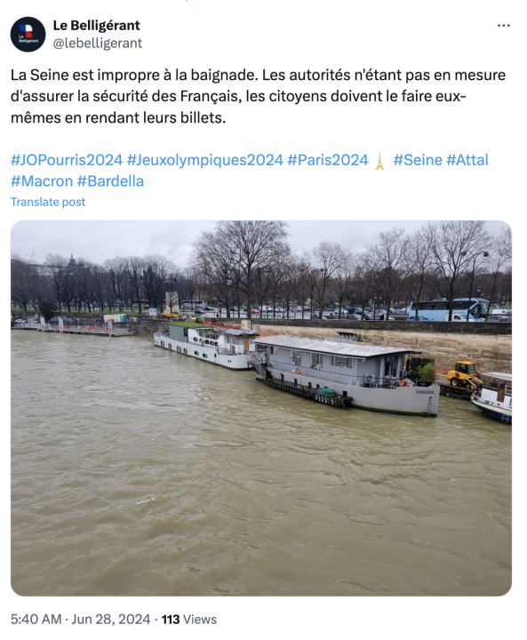 A screen capture of Le Belligerant’s post on X sharing the narrative that the Seine is unsuitable for swimming. (Source: @LeBelligerant/archive)